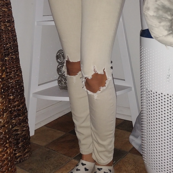 Free people khaki tan light stretchy jeans distressed holes w 25r - Picture 3 of 6